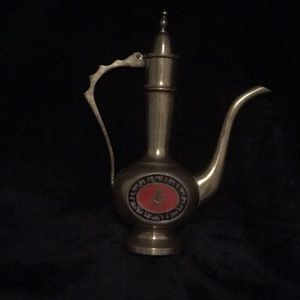 Chinese brass teapot w/attached hinged lid & Chinese writings w/red enamel.